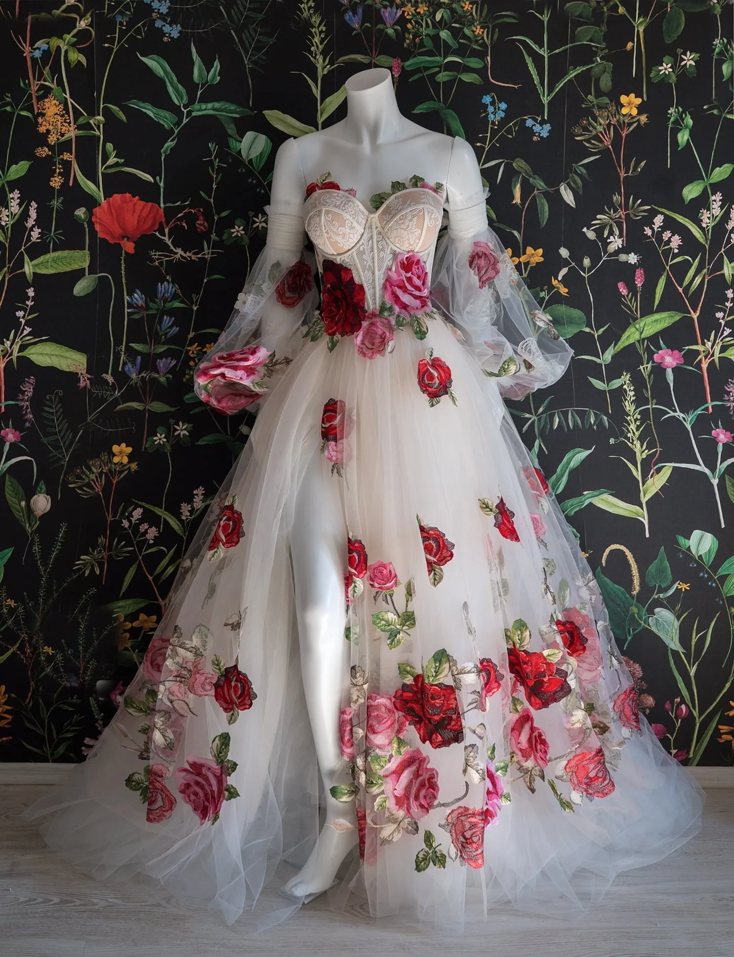wedding dresses with red roses Jennifer Black and Red Wedding Dress with 3D Flowers, Gothic Floral Bridal Gown, Halter Neck Alternative Bride Dress, Custom Made