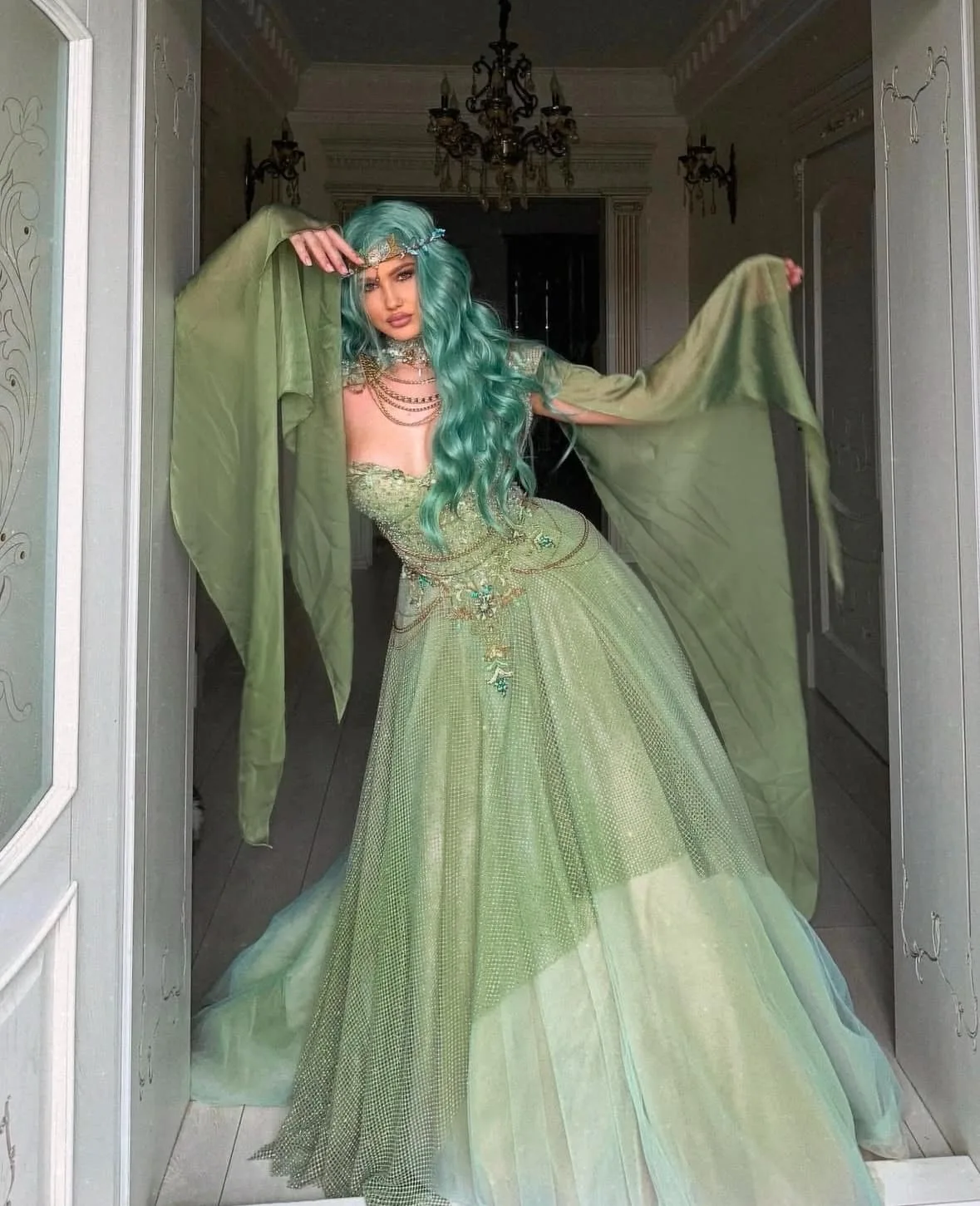 green emerald velvet dress Fairytale Sage Plunge-Neck Chiffon Maxi Dress With Cape Sleeve  Club L  London