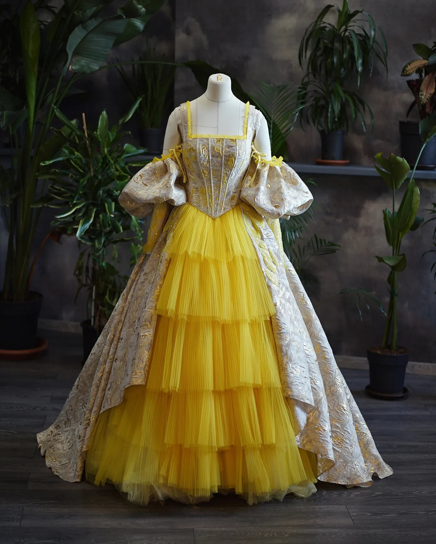 yellow victorian dress Marie Antoinette Ball Gown with Bow Vintage / Retro Years Yellow High Waisted Ruffled Multi-Layer